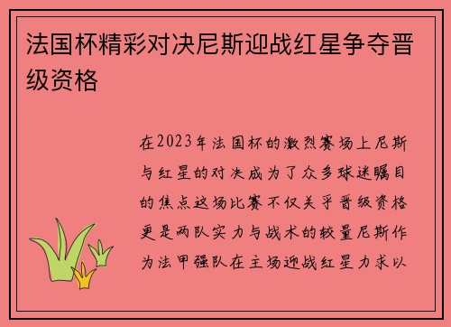 法国杯精彩对决尼斯迎战红星争夺晋级资格